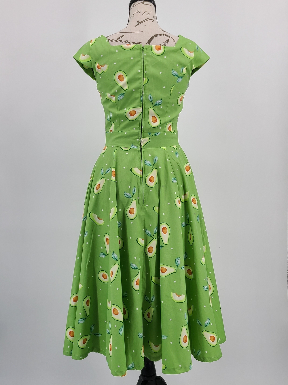 Unique Vintage's Magnolia Place Avocado Print Cotton Midi Dress Size XS - Picture 5 of 12